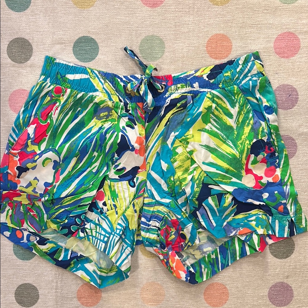 Lilly Pulitzer Green and Blue Athletic Shorts with Tropical Print